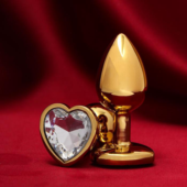 Золотистая анальная пробка с прозрачным кристаллом в форме сердца - 0