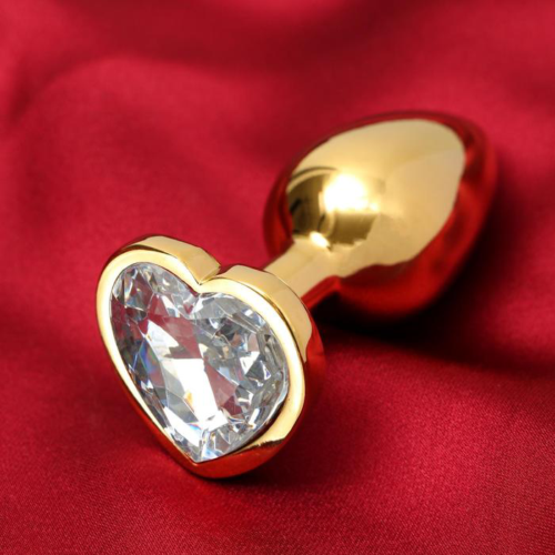 Золотистая анальная пробка с прозрачным кристаллом в форме сердца - 1