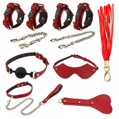 Оригинальный БДСМ-набор из 9 предметов в красной кожаной сумке - 0