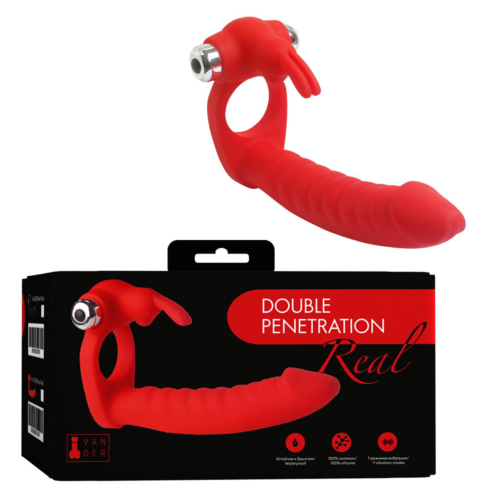 Красная вибронасадка Double Penetration Real с клиторальным зайчиком - 1
