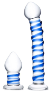 Набор из 2 стеклянных игрушек с синей спиралью Swirly Dildo Buttplug Set - 0