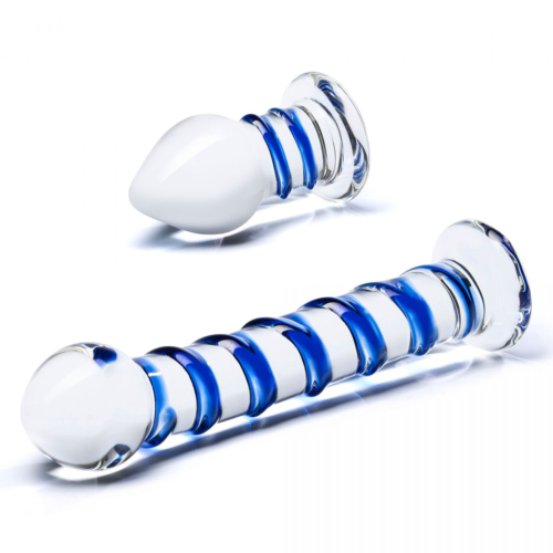 Набор из 2 стеклянных игрушек с синей спиралью Swirly Dildo Buttplug Set - 4