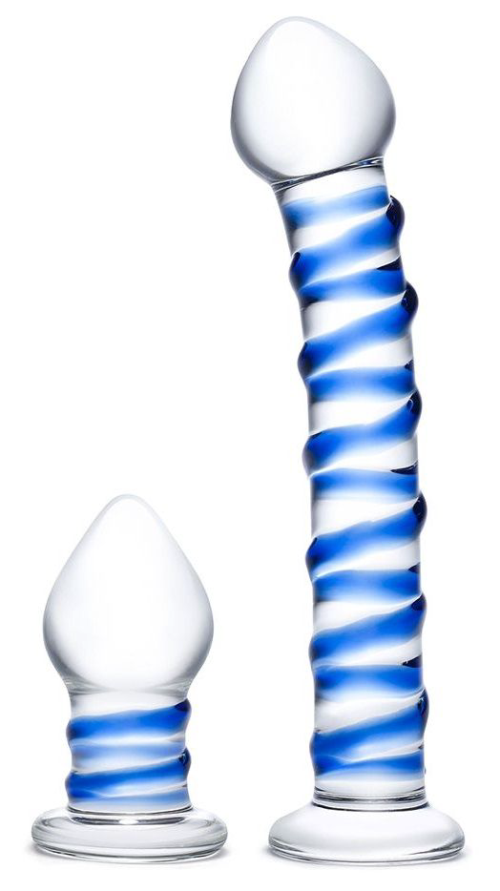 Набор из 2 стеклянных игрушек с синей спиралью Swirly Dildo Buttplug Set - 0