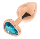Золотистая анальная пробка OYO с голубым кристаллом-сердцем - 7,3 см. - 1
