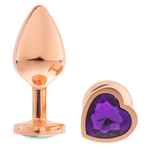 Золотистая анальная пробка OYO с фиолетовым кристаллом-сердцем - 7,3 см. - 0