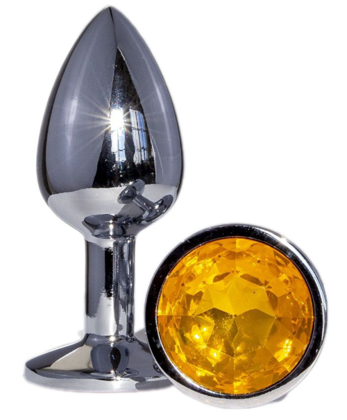 Металлическая анальная втулка с желтым кристаллом - 7,2 см. - 0