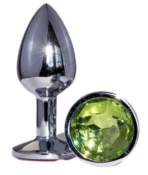 Металлическая анальная втулка с зеленым кристаллом - 7,2 см. - 0