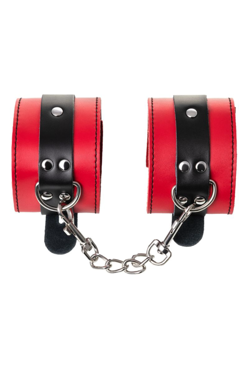 Красно-черные кожаные наручники со сцепкой - 4