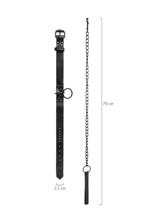Черный ошейник из кожи с поводком-цепочкой - 7
