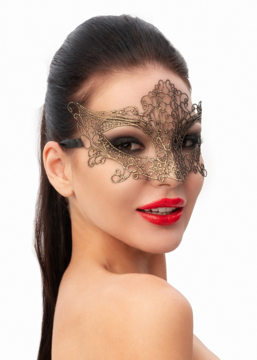 Роскошная золотистая женская карнавальная маска - 0