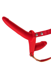 Красный страпон на ремнях с вагинальной пробкой - 15 см. - 3