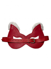 Красная маска из натуральной кожи с белым мехом на ушках - 1