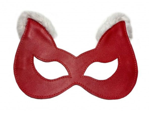 Красная маска из натуральной кожи с белым мехом на ушках - 0