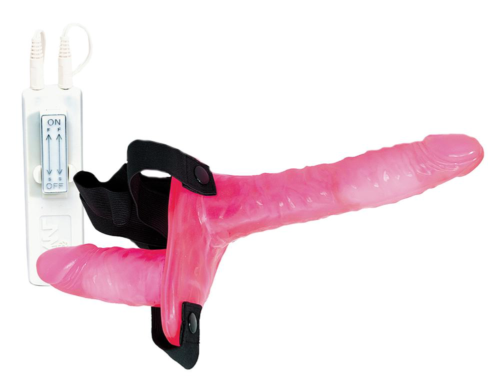 Поясной розовый виброфаллос с вагинальной пробкой - 17,5 см. - 0