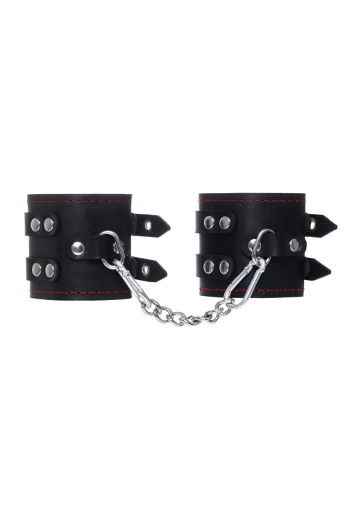 Черные кожаные наручники с двумя ремнями и подкладкой - 1