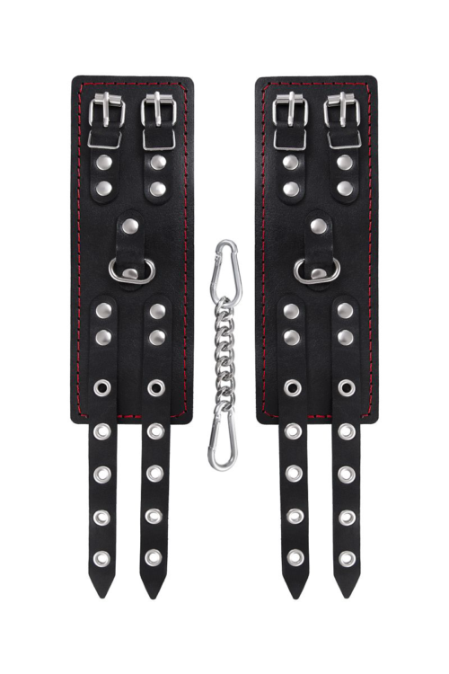 Черные кожаные наручники с двумя ремнями и подкладкой - 4