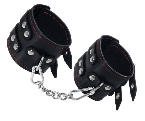 Черные кожаные наручники с двумя ремнями и подкладкой - 0