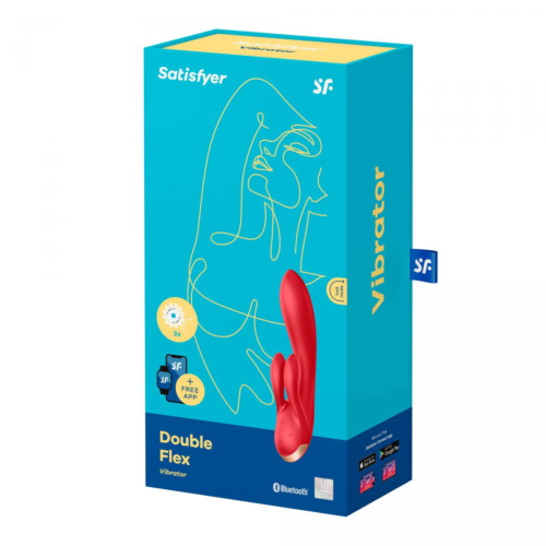 Красный вибратор-кролик Double Flex с двумя клиторальными отростками - 20,1 см. - 1