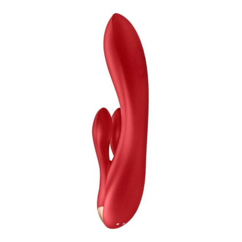 Красный вибратор-кролик Double Flex с двумя клиторальными отростками - 20,1 см. - 4