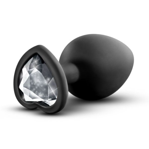 Черная анальная втулка с прозрачным кристаллом в виде сердечка Bling Plug Small - 7,6 см. - 0