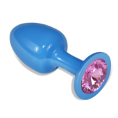 Голубая анальная втулка с розовым кристаллом - 8,2 см. - 0