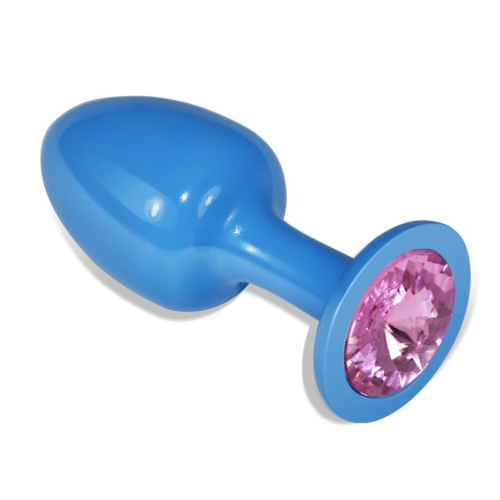 Голубая анальная втулка с розовым кристаллом - 8,2 см. - 0
