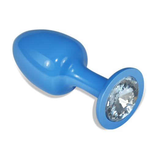 Голубая анальная втулка с прозрачным кристаллом - 8,2 см. - 0