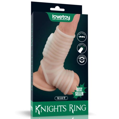Белая ребристая вибронасадка на пенис Knights Ring с подхватом мошонки - 3
