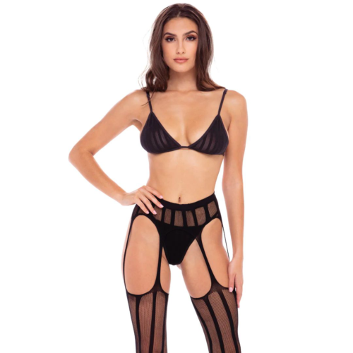 Эротический комплект 3 Piece Sheer Striped Bra Thong Garter Belt Set - 0