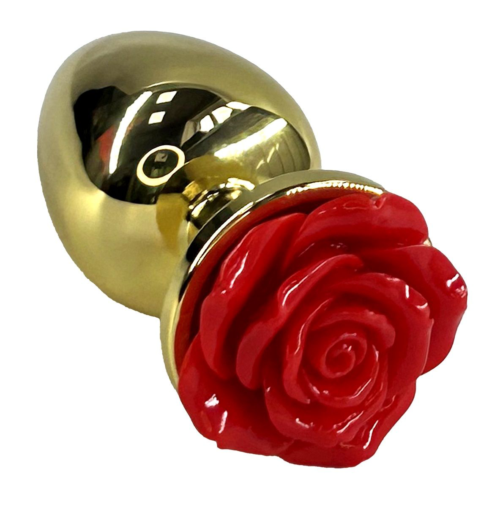 Золотистая анальная пробка с ограничителем в форме красной розы - 10 см. - 0