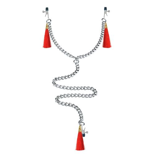 Зажимы на соски и клитор с игривыми красными кисточками Nipple Clit Tassel Clamp With Chain - 0