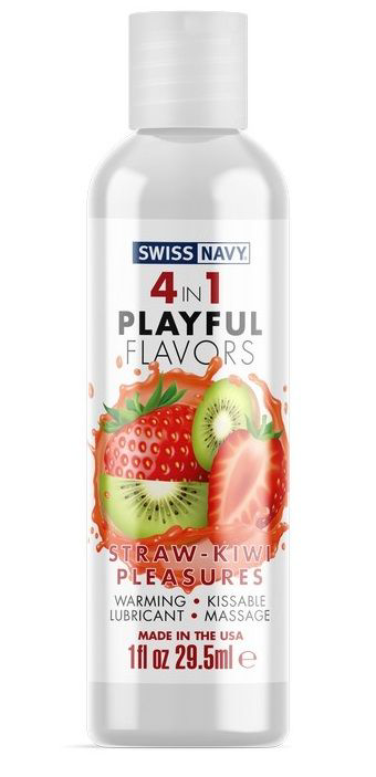 Массажный гель 4-в-1 Straw-Kiwi Pleasures с ароматом клубники и киви - 29,5 мл.