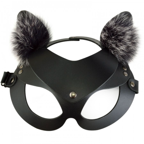 Черная кожаная маска Кошечка с мехом - 0