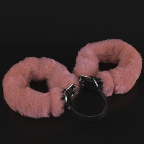 Черные кожаные оковы со съемной розовой опушкой - 0