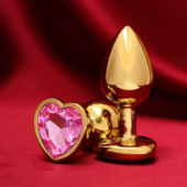 Золотистая анальная пробка с розовым кристаллом в форме сердца - 7 см. - 0