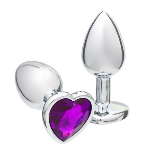 Серебристая анальная пробка с фиолетовым кристаллом в форме сердца - 7 см. - 0