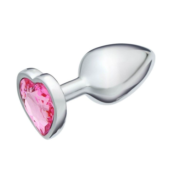 Серебристая анальная пробка с розовым кристаллом в форме сердца - 7 см. - 1