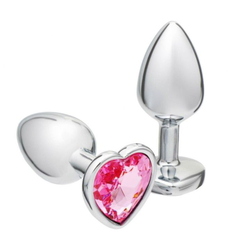 Серебристая анальная пробка с розовым кристаллом в форме сердца - 7 см. - 0
