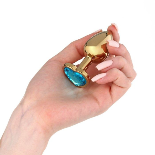 Золотистая анальная пробка с голубым кристаллом в форме сердца - 7 см. - 2