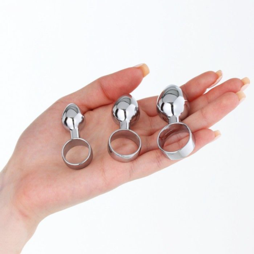Набор из 3 серебристых анальных пробок с кольцом - 2