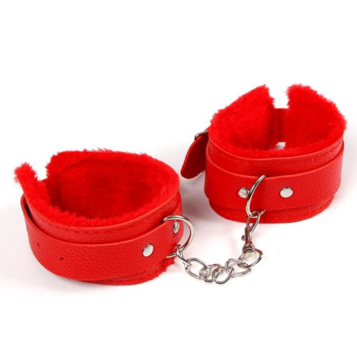 Красные наручники с меховой подкладкой и ремешками - 0