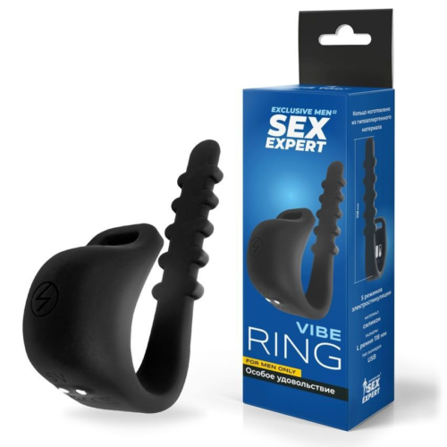 Черное эрекционное кольцо с электростимуляцией Sex Expert - 1