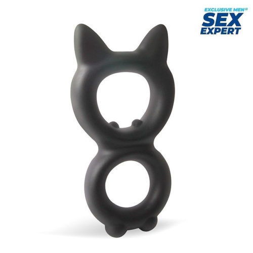 Черное двойное эрекционное кольцо с кошачьими ушками - 0