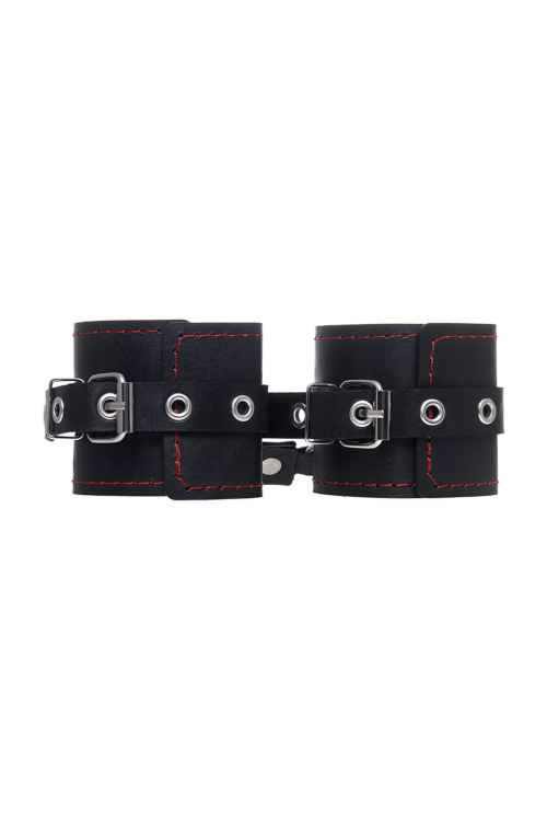 Черные кожаные однослойные наручники с контрастной строчкой - 2