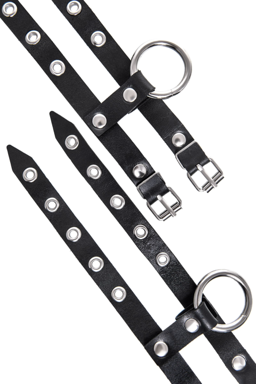Черные однослойные кожаные наручники из двух ремешков - 6