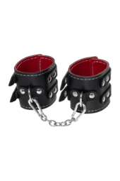 Черные кожаные наручники с двумя ремнями и красной подкладкой - 1