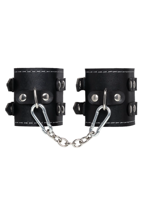 Черные кожаные наручники с двумя ремнями и красной подкладкой - 2