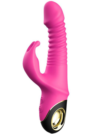 Ярко-розовый вибратор Crazy Rabbit с фрикционным движением и ротацией - 23 см.