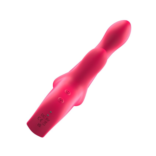 Розовый вибратор со стимулятором клитора и ручкой-кольцом - 22,6 см. - 3