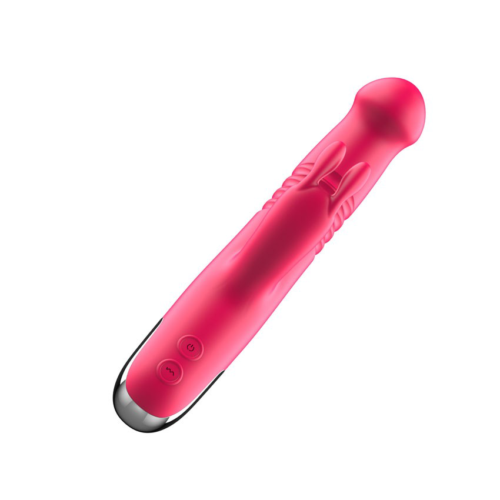 Розовый вибратор-ротатор со стимулятором клитора и возвратно-поступательными движениями - 22,4 см. - 3